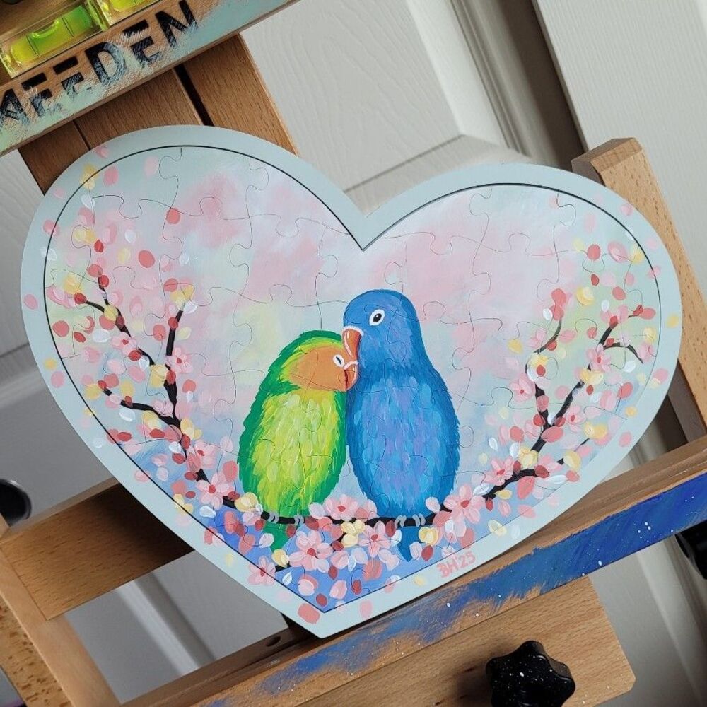 Love Bird Cherry Blossom Heart Puzzle Acrylic Painting